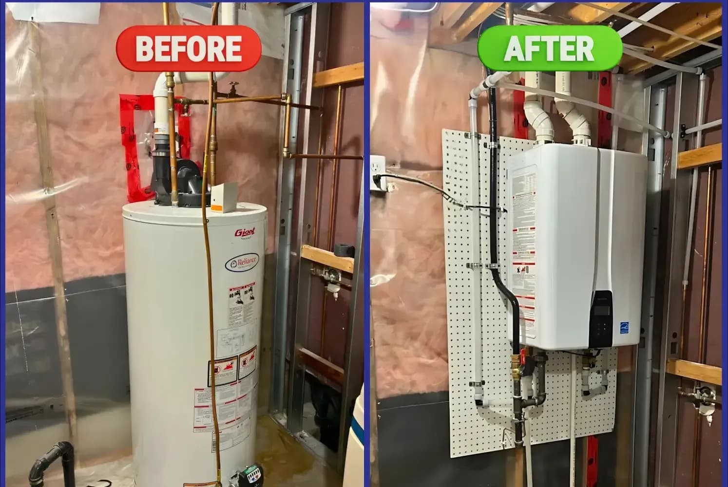 Before and after: old rented tank replaced with a new tankless unit